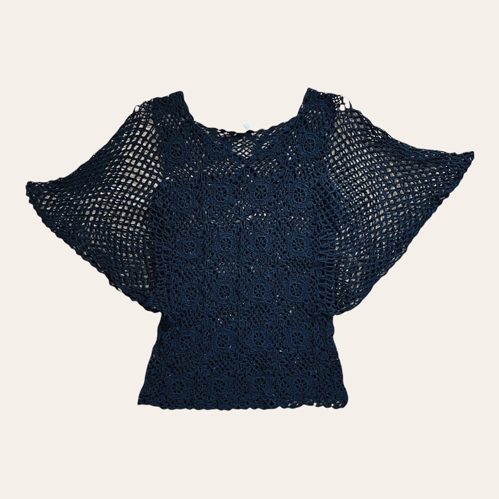 Vintage crochet black top with butterfly sleeves